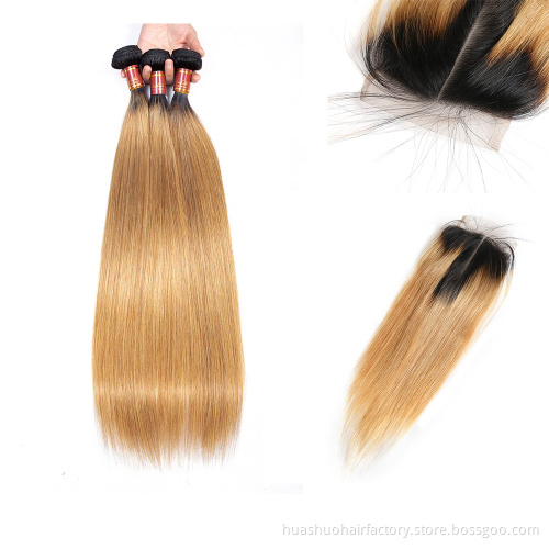 Huashuo 50% OFF Ombre Full Cuticle Aligned Silky Straight Brazilian Hair Bundles With Closure100% Virgin Human Hair Extensions